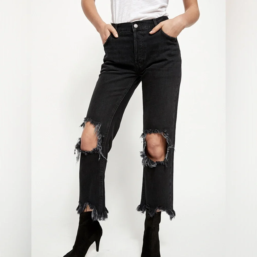 Free People Maggie Distressed Straight Leg Jeans In Washed Black Size 25